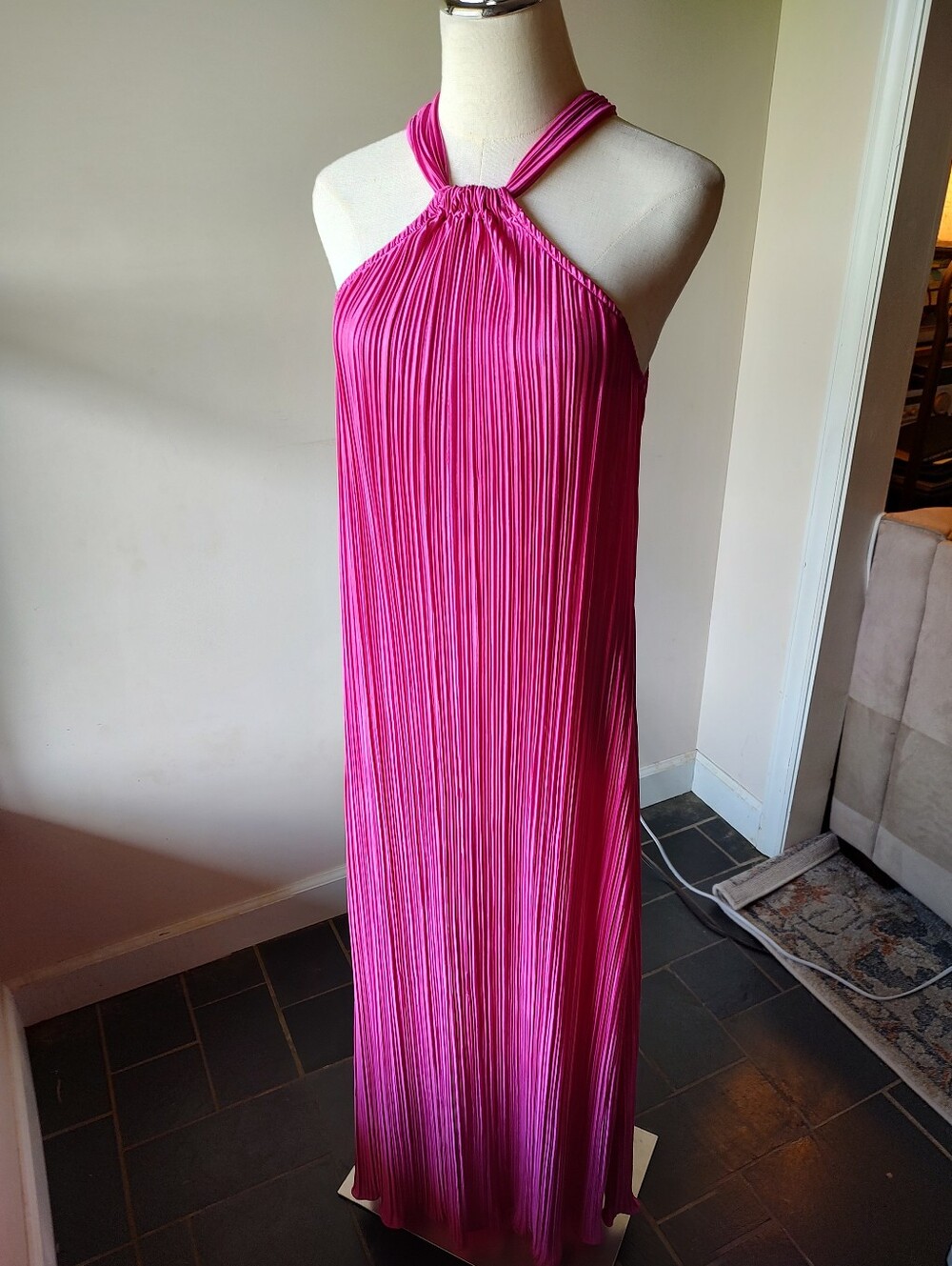 Petal And Pup Melody Plisse Halter Neck Pleated Satin Maxi Dress Gown Medium